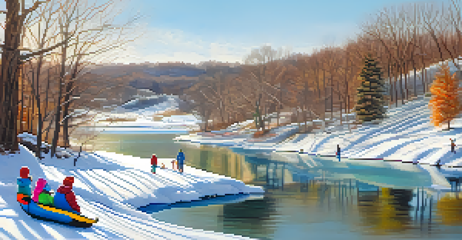 Families sledding down snow-covered hills at Palmisano Park, surrounded by nature.