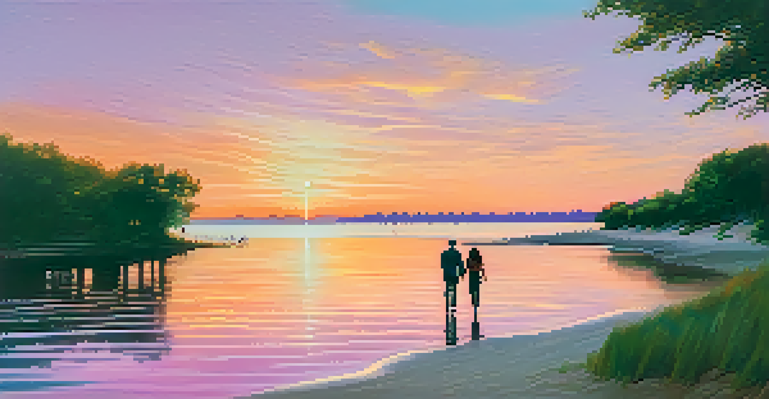 A couple walking along the beach at sunset, with colorful skies and calm waters.