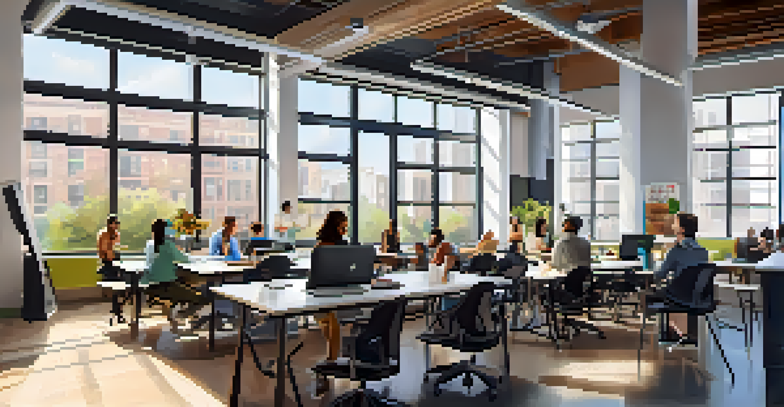 Young entrepreneurs working in a startup incubator with laptops and whiteboards, bright natural light streaming in from large windows.