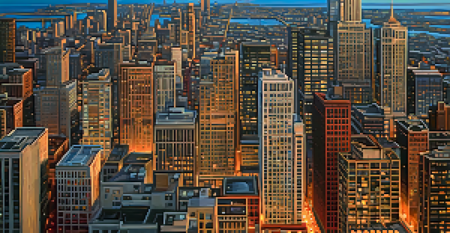 Aerial view of Chicago skyline with 'L' train at sunset, showcasing iconic buildings and vibrant train lines.
