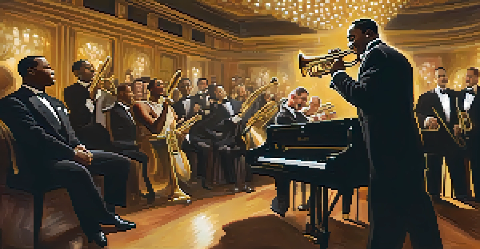 A jazz performance in a 1920s Chicago venue, featuring Louis Armstrong playing trumpet with a pianist beside him, surrounded by an engaged audience and warm golden lighting.