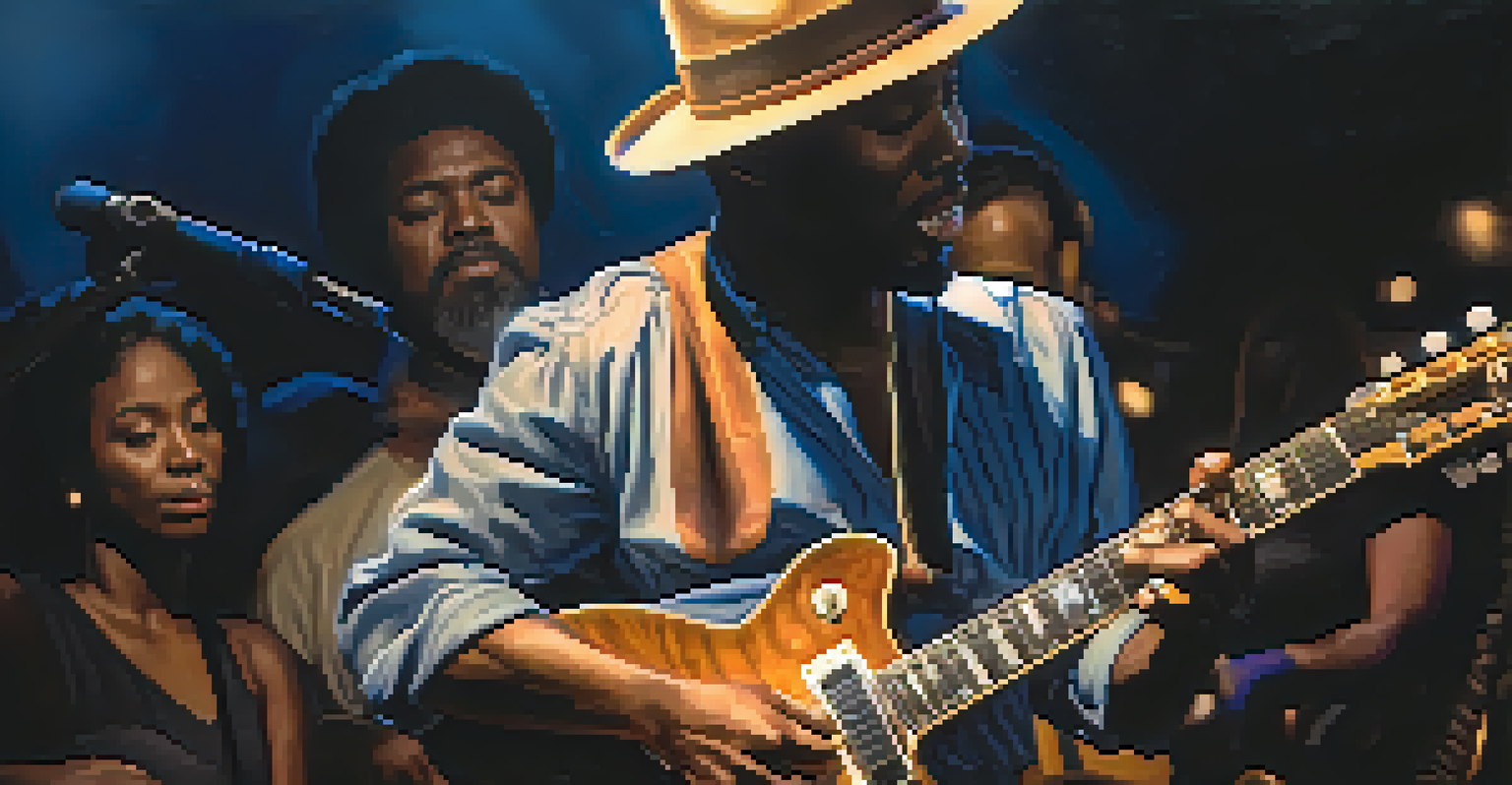 A close-up of a blues guitarist passionately playing on stage with dramatic lighting.