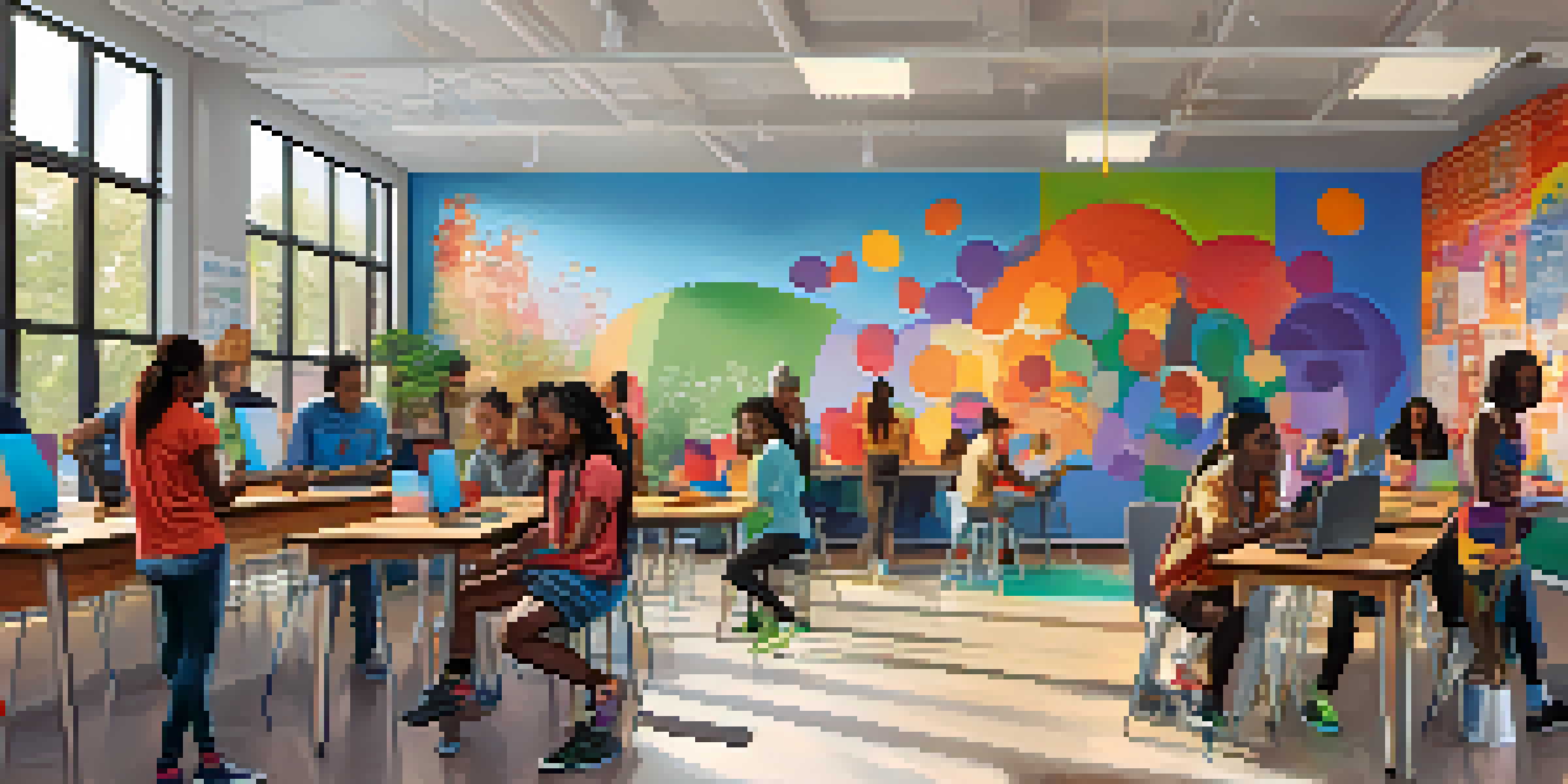 A lively community center in Chicago where diverse youth are engaged in painting, coding, and discussions, showcasing a vibrant and inclusive environment.