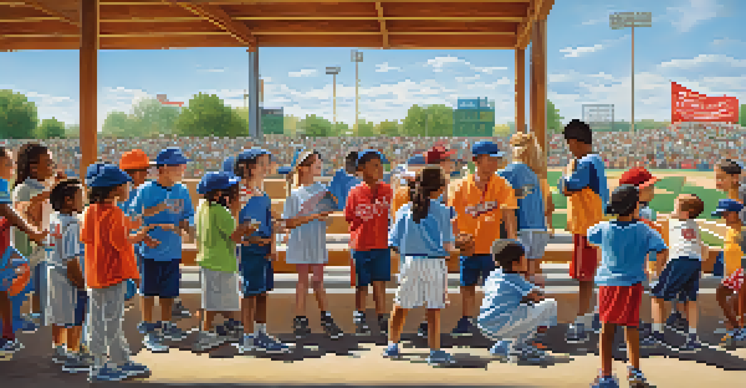 Children participating in baseball drills at a community event, with coaches of diverse backgrounds guiding them.