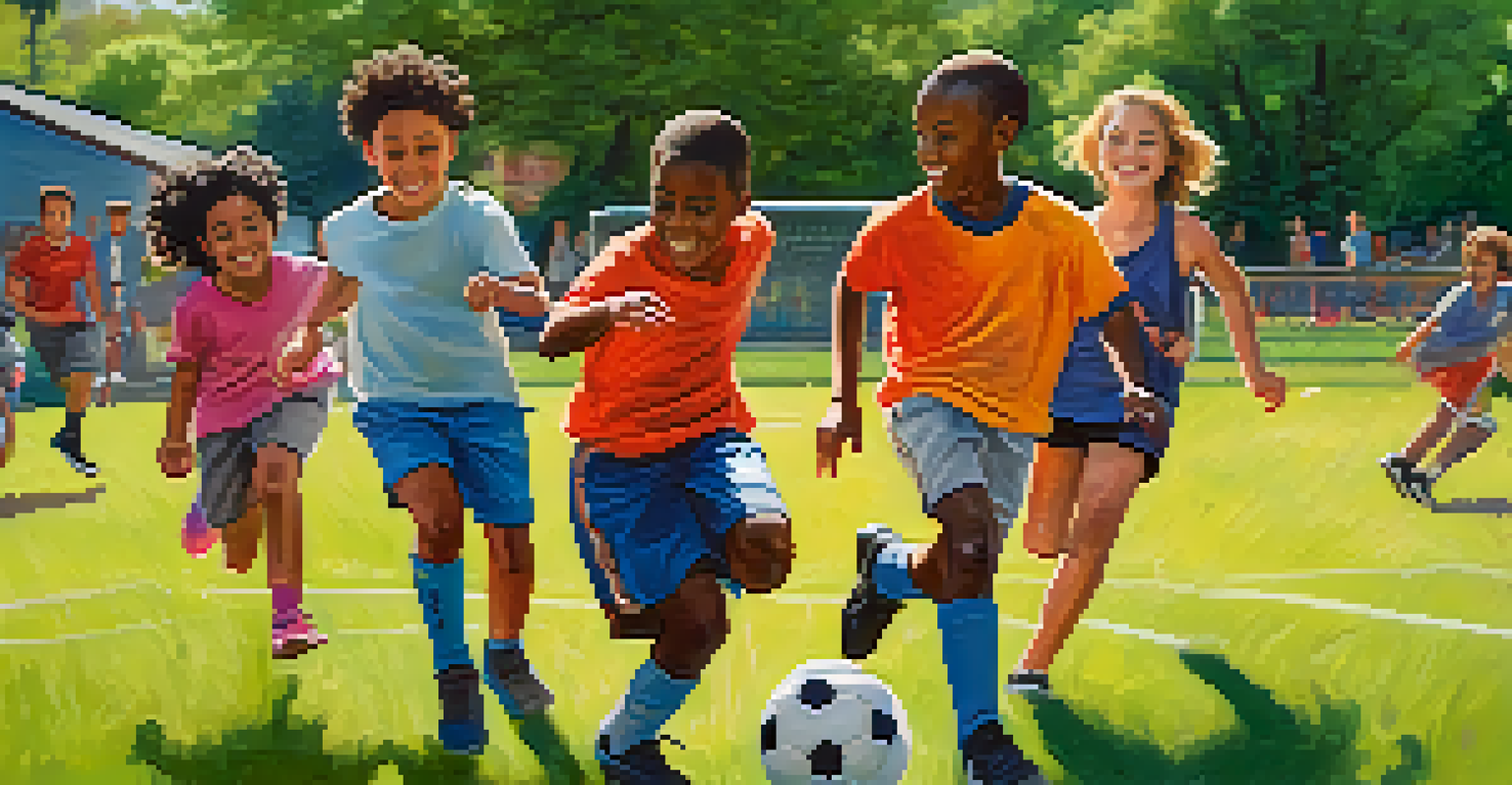 Young diverse athletes playing soccer in a park, showcasing teamwork and joy on a sunny day.