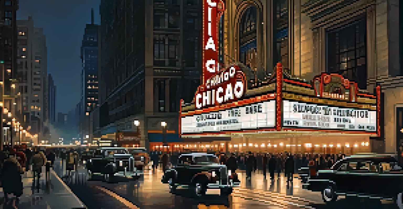 Night view of the Chicago Theatre, showing its illuminated marquee and ornate architecture with people around.