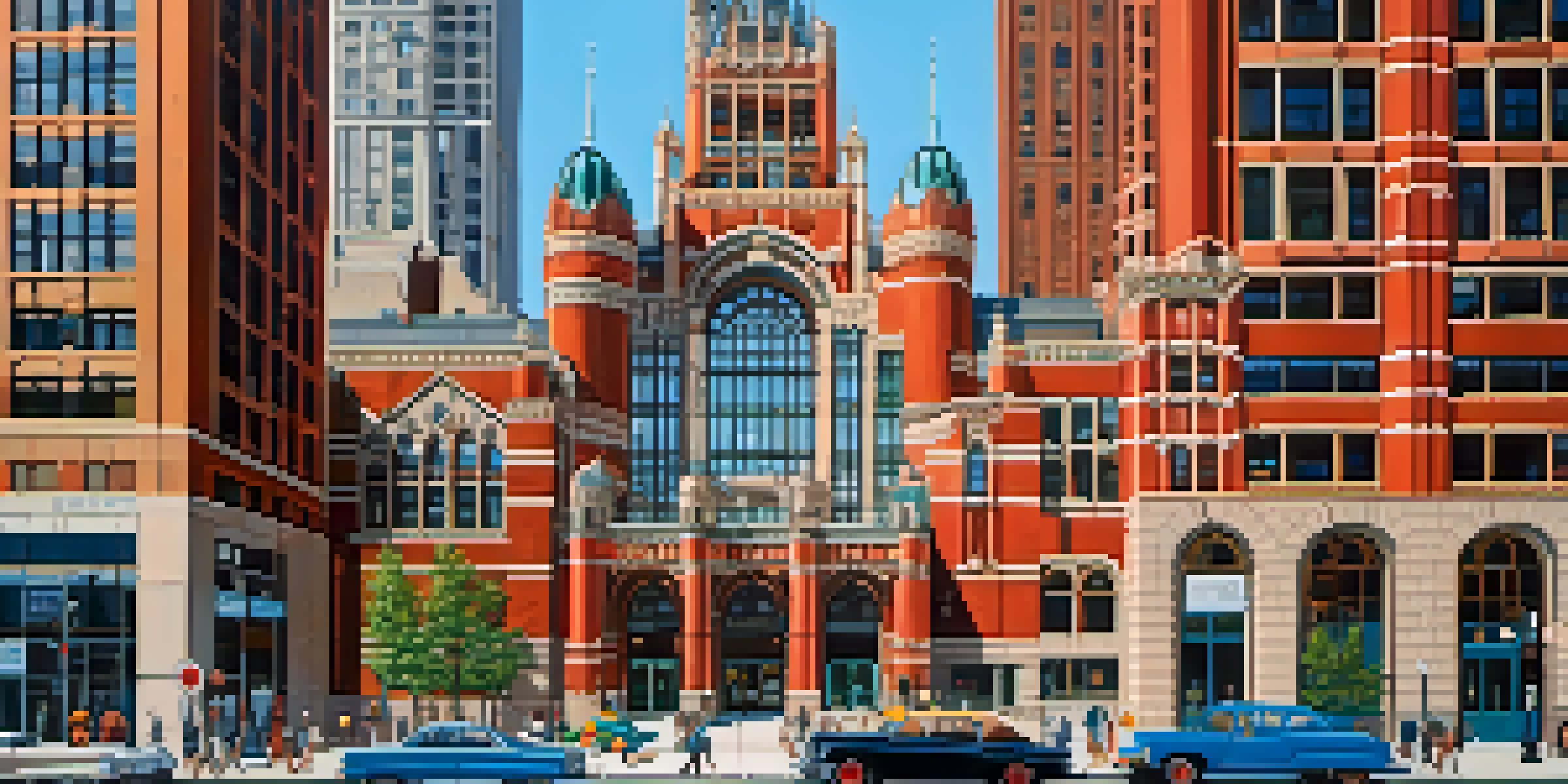 A colorful cityscape of Chicago highlighting various postmodern buildings including the Harold Washington Library, with intricate brickwork and glass elements, against a bright blue sky.