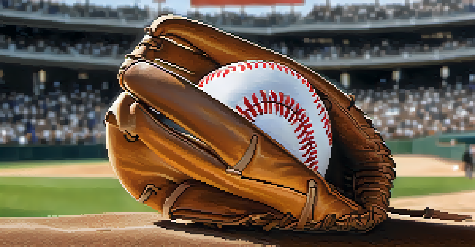 A close-up of a baseball glove holding a ball with the Chicago White Sox logo, surrounded by blurred fans celebrating.