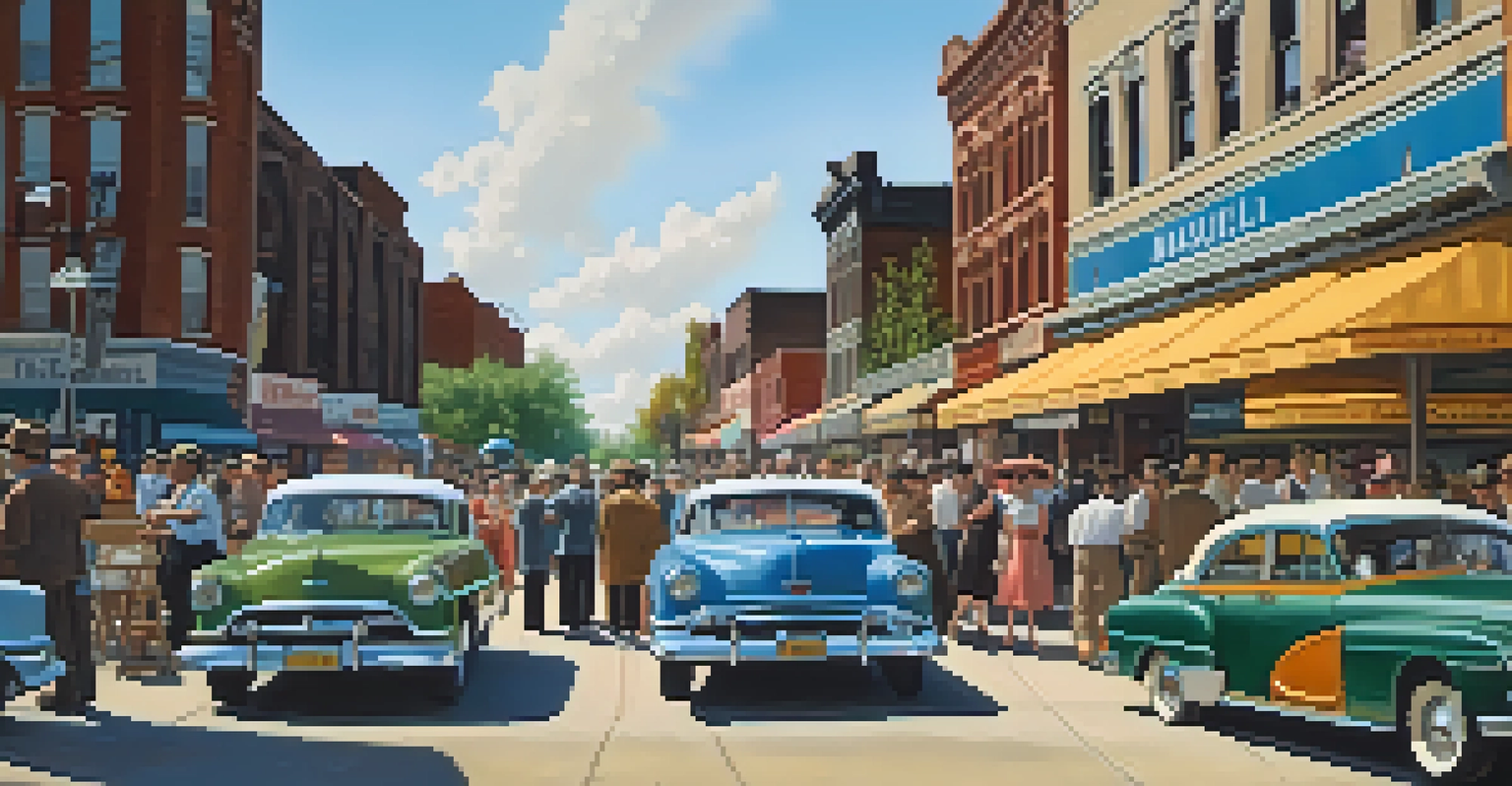 A vibrant 1950s Maxwell Street Market in Chicago with musicians and a diverse crowd enjoying live blues music, surrounded by vintage cars and colorful shops.