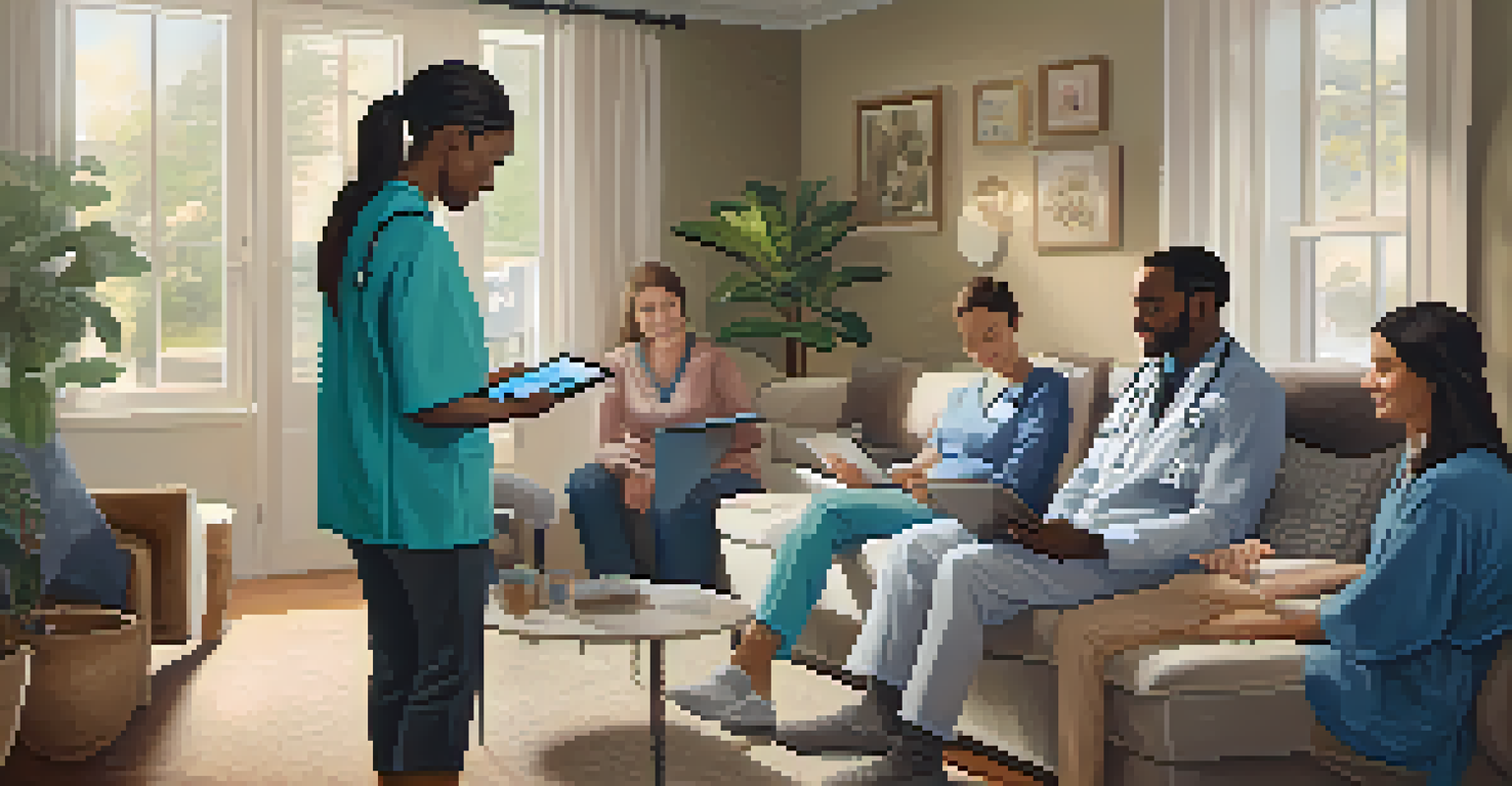 A diverse group of patients having a telemedicine consultation with a healthcare provider on a tablet in a cozy living room.