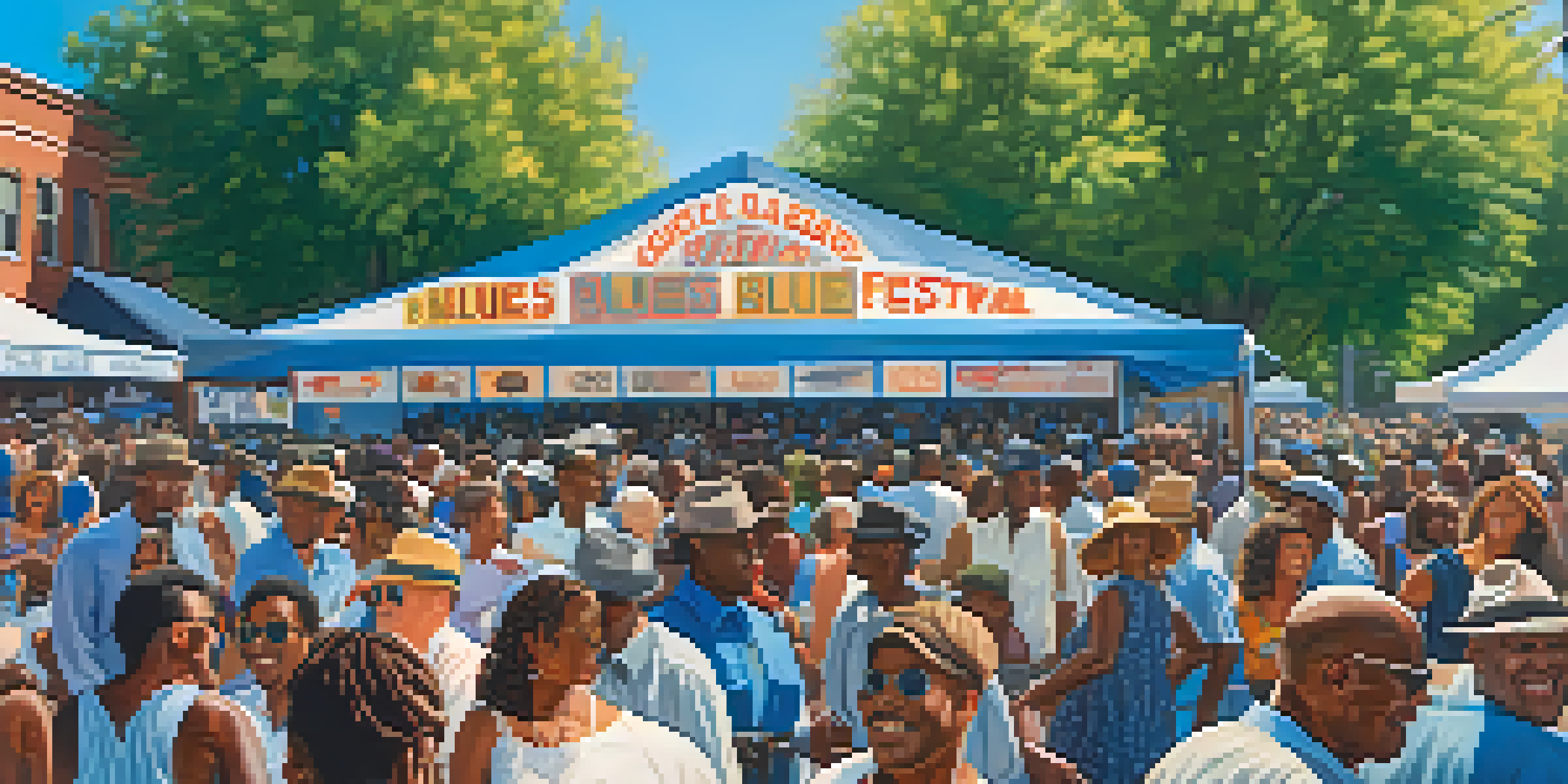A lively street scene at the Chicago Blues Festival, featuring musicians on stage and a cheerful crowd enjoying the music.