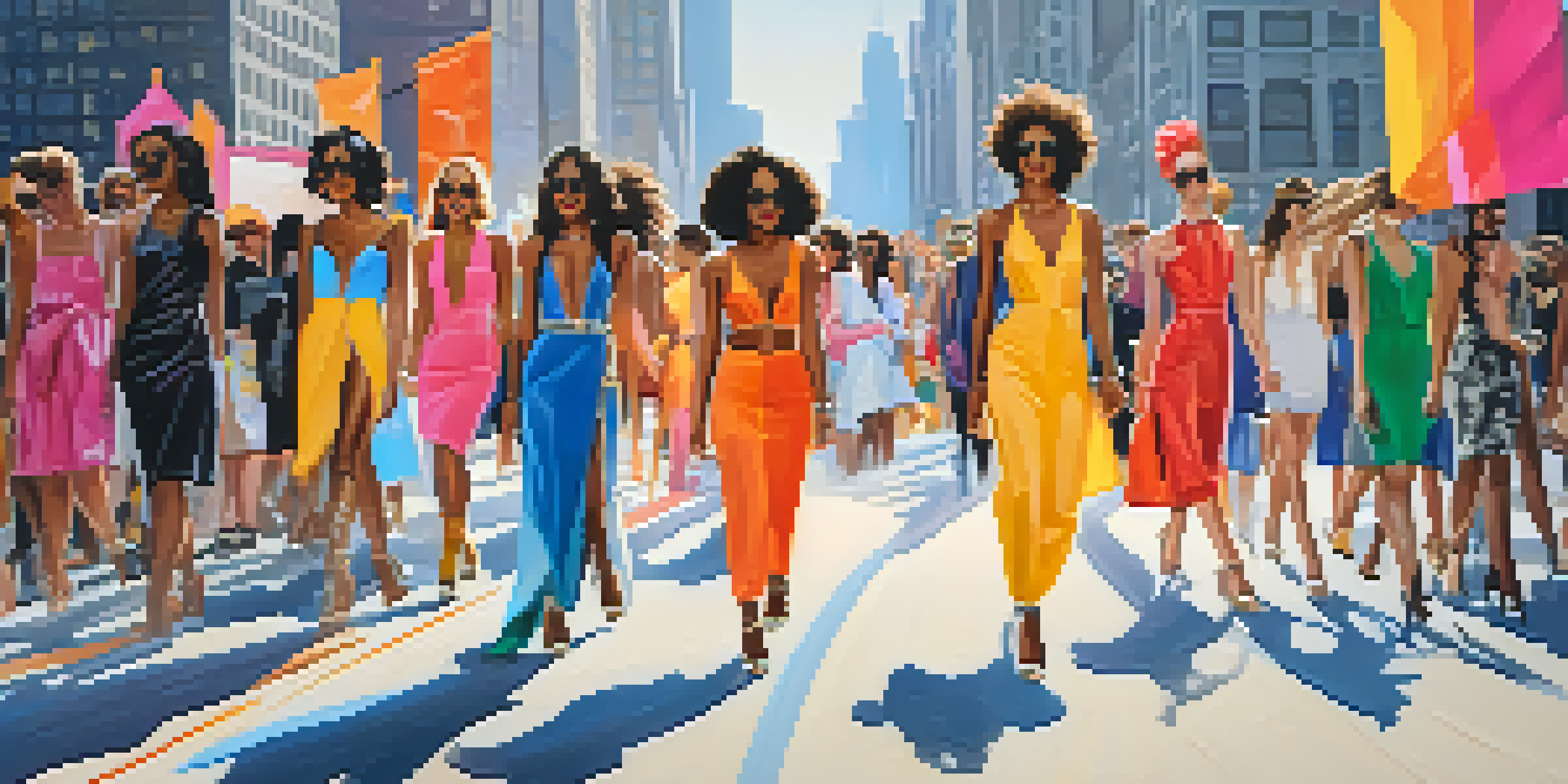 A lively street scene featuring models on a runway during Chicago Fashion Week, with a colorful backdrop and a captivated audience.