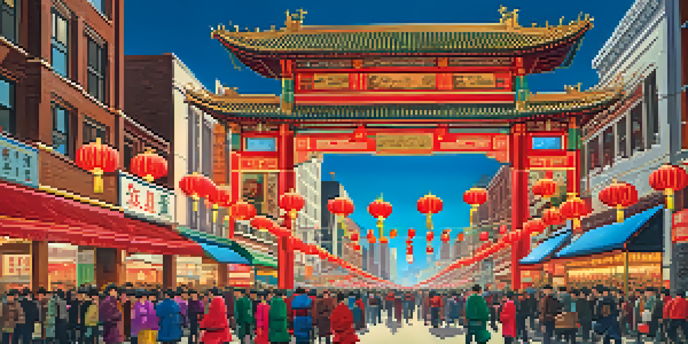 A lively street scene in Chicago's Chinatown featuring colorful floats and dragon dancers during the Chinese New Year Parade, with the iconic Chinatown Gate in the background.