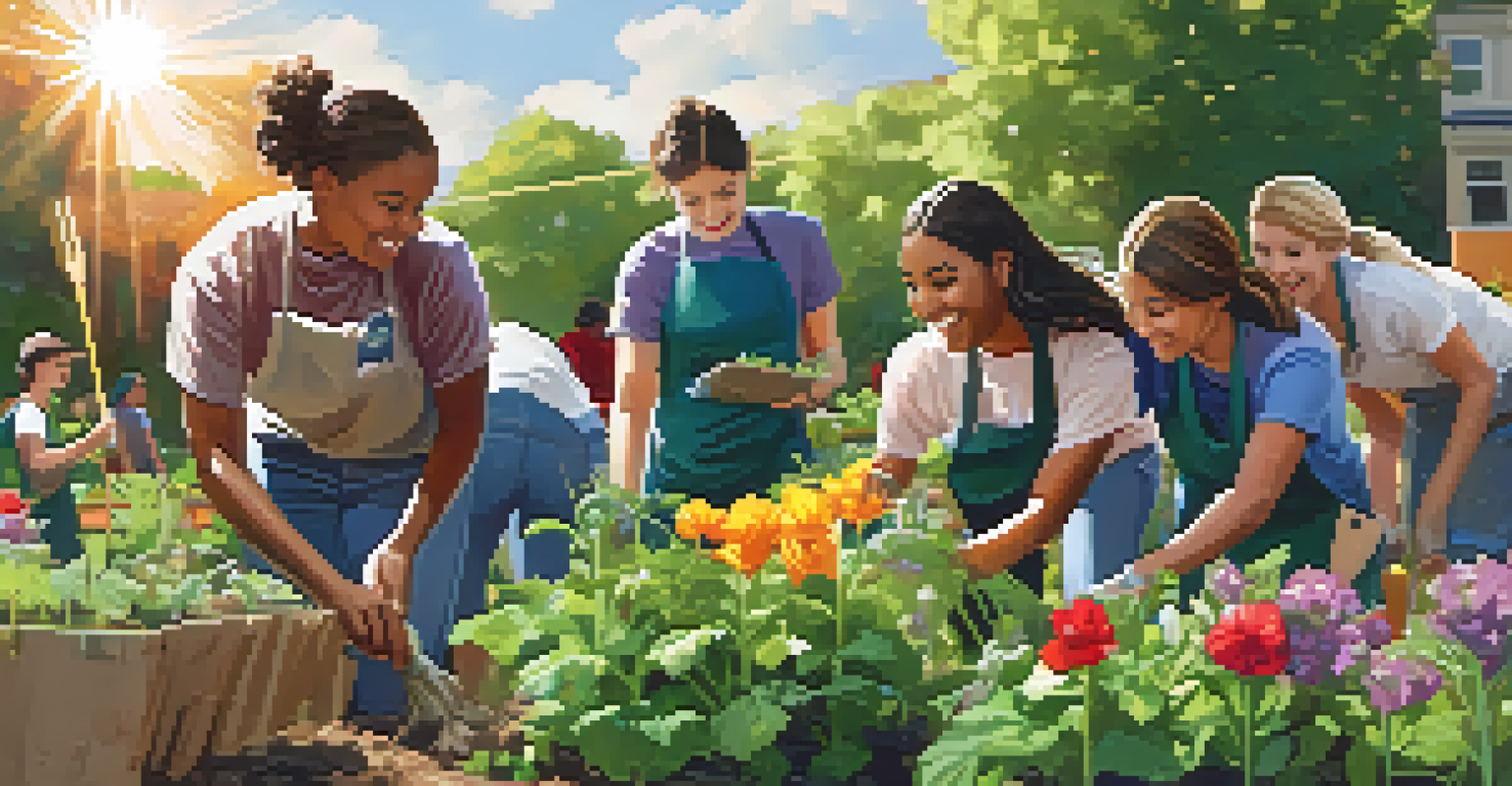A group of diverse young people volunteering in a community garden in Chicago, planting flowers and vegetables, reflecting teamwork and community spirit.