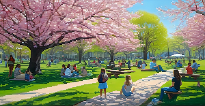 A picturesque park in Chicago during spring, showcasing cherry blossoms and families having picnics under the pink flowers.