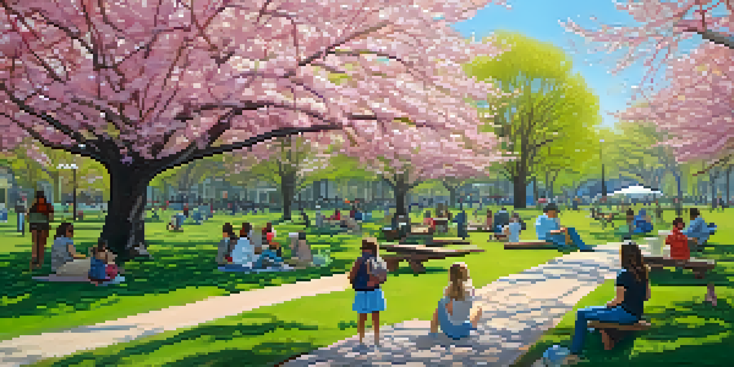 A picturesque park in Chicago during spring, showcasing cherry blossoms and families having picnics under the pink flowers.