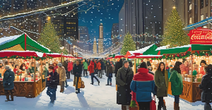 A festive market scene in Chicago with decorated booths and a large Christmas tree, people enjoying food and drinks in a snowy setting.