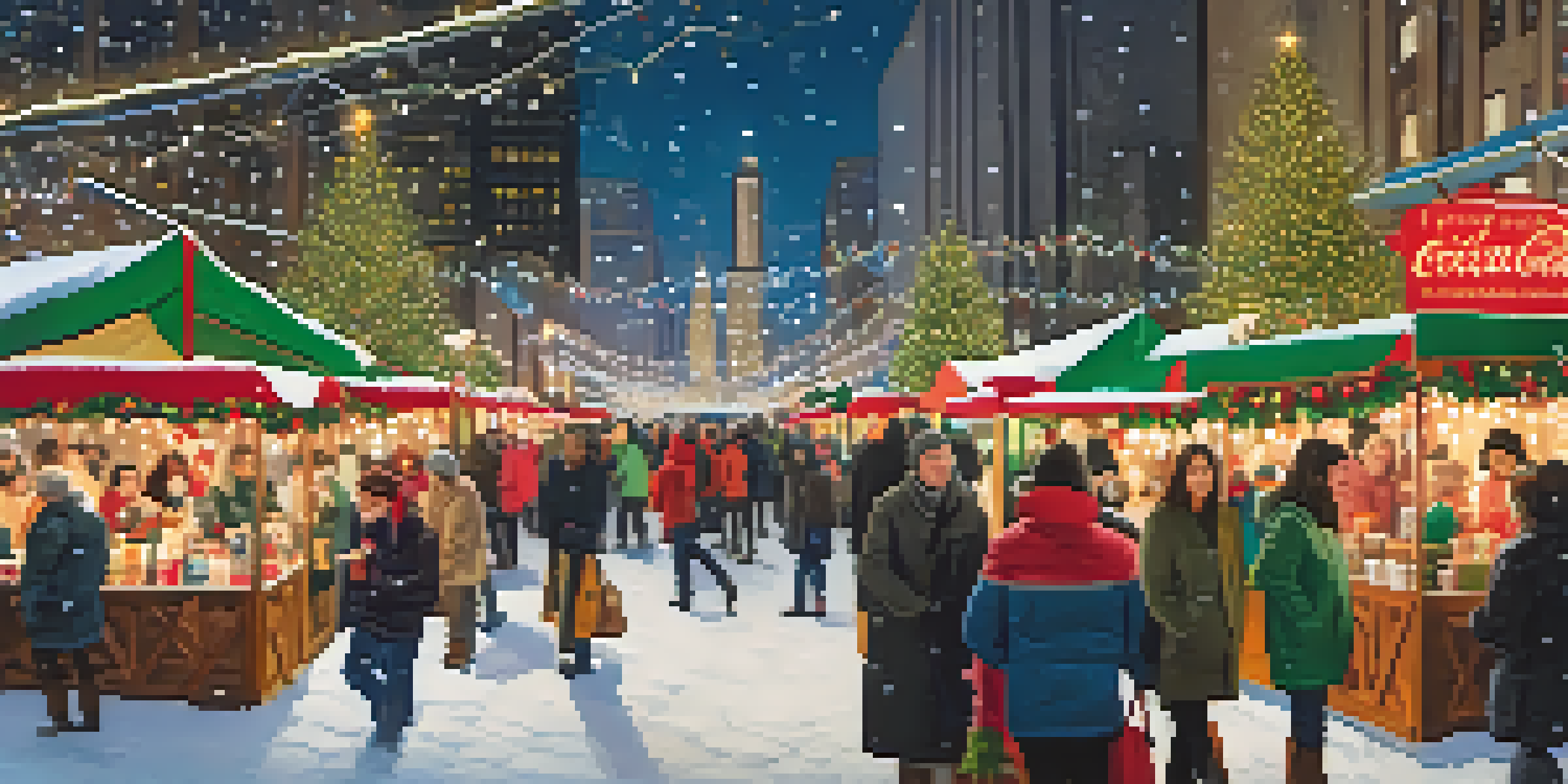 A festive market scene in Chicago with decorated booths and a large Christmas tree, people enjoying food and drinks in a snowy setting.