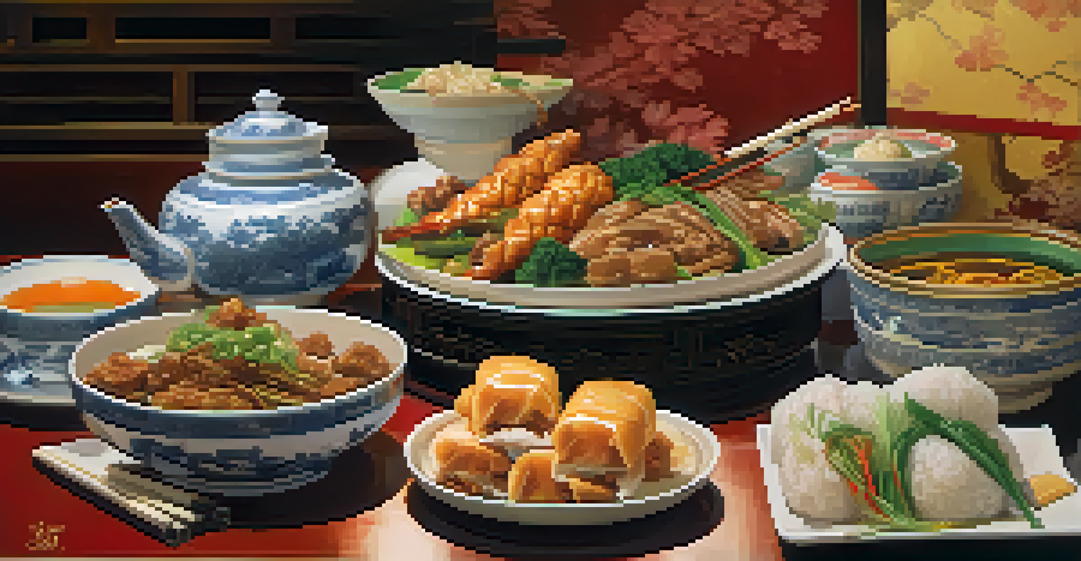 A beautifully arranged table with a variety of traditional Chinese dishes, including dim sum and Peking duck, set in a cozy restaurant in Chinatown.