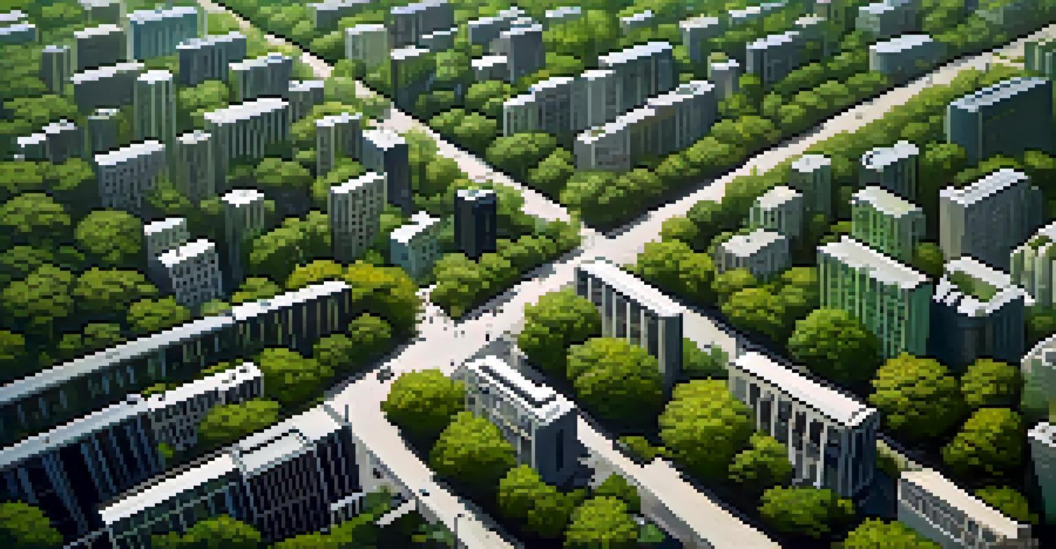 An aerial view of a Chicago neighborhood highlighting urban forests among residential areas and concrete structures.