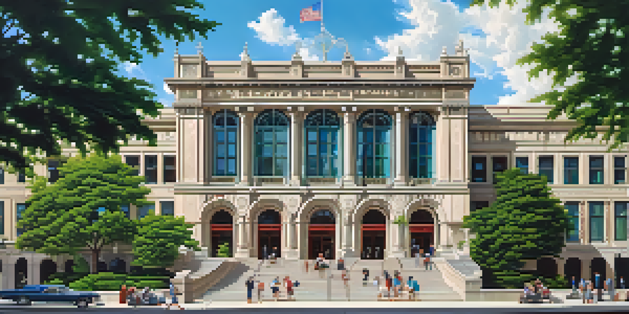 The Chicago History Museum with visitors entering, surrounded by trees and a blue sky.