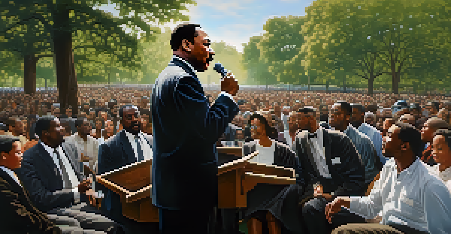Martin Luther King Jr. passionately speaking to a diverse crowd in a Chicago park, with the skyline in the background and dramatic lighting emphasizing the moment.