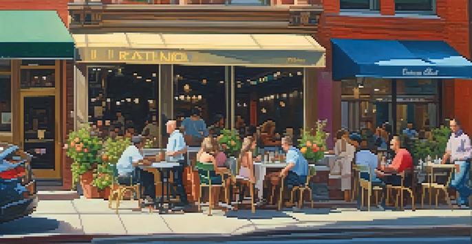 A lively street in Little Italy, Chicago, with colorful shops and outdoor dining, filled with people enjoying their meals and conversations under bright sunlight.
