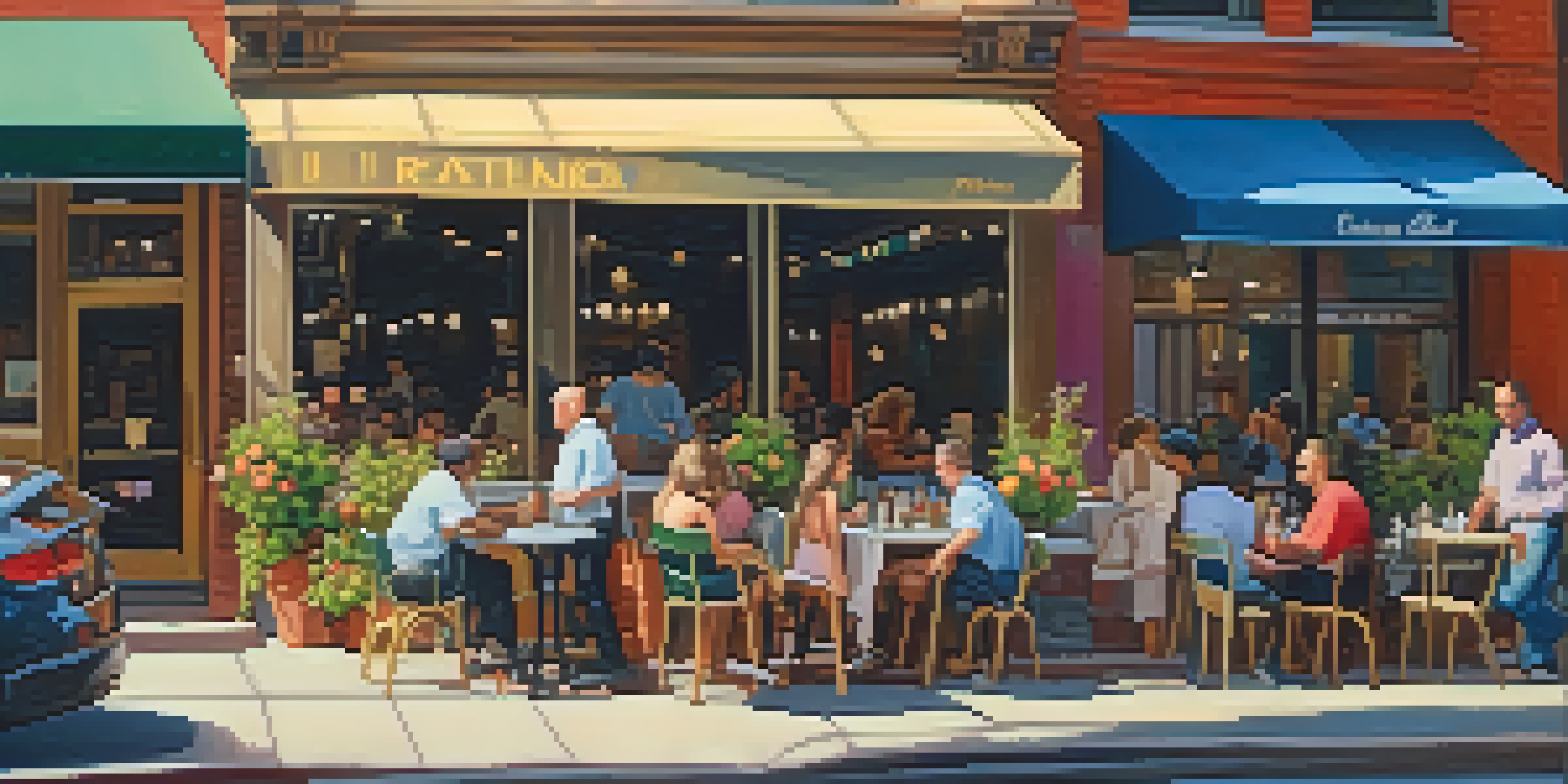 A lively street in Little Italy, Chicago, with colorful shops and outdoor dining, filled with people enjoying their meals and conversations under bright sunlight.