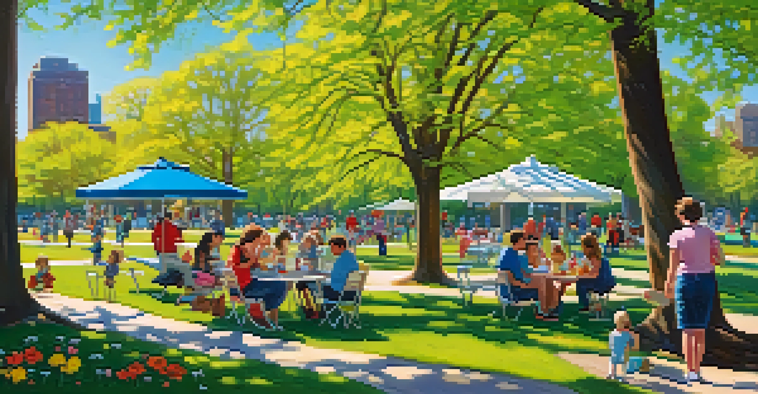 Families enjoying a picnic in a Chicago park during spring, surrounded by blooming flowers and children playing frisbee.