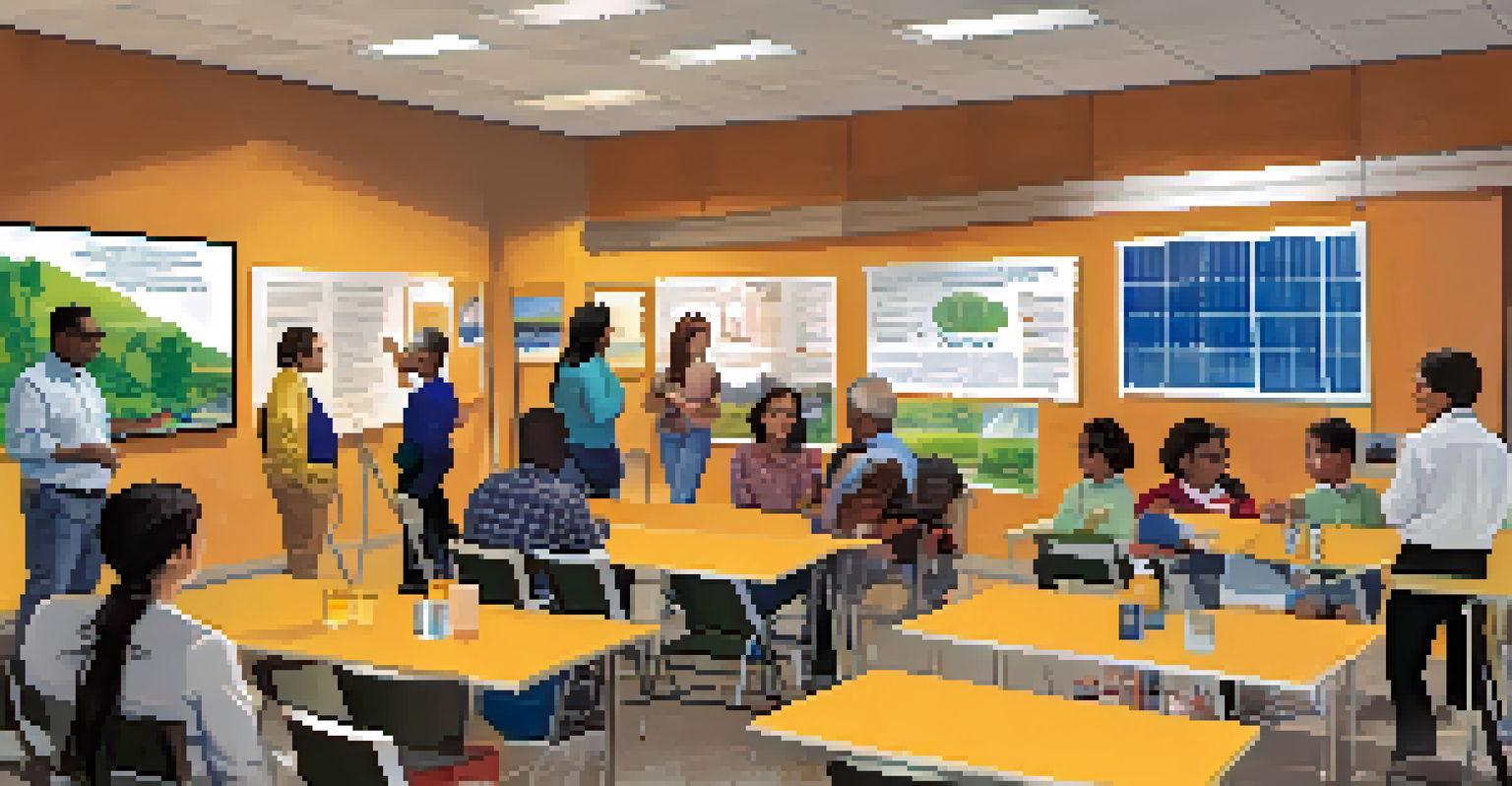A community workshop on solar energy with diverse participants learning about solar technology.