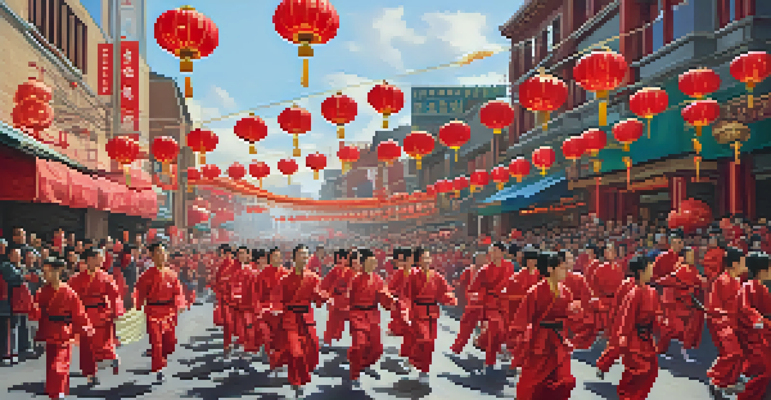 A vibrant celebration during the Chinese New Year Parade in Chinatown, with dancers and colorful floats in the streets.