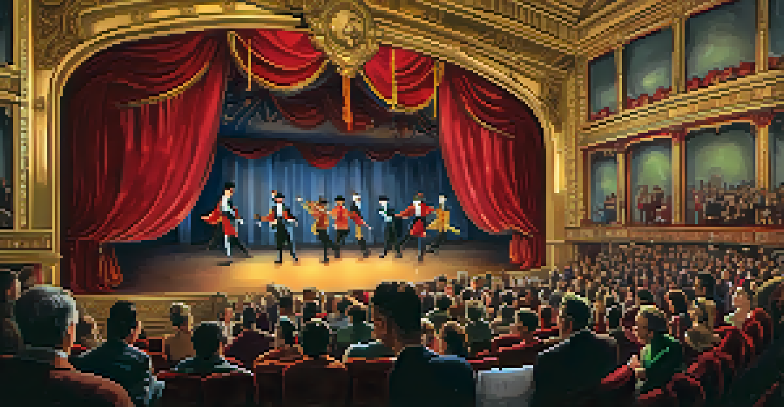 An interior view of a vintage vaudeville theater with an audience watching a colorful performance on stage.