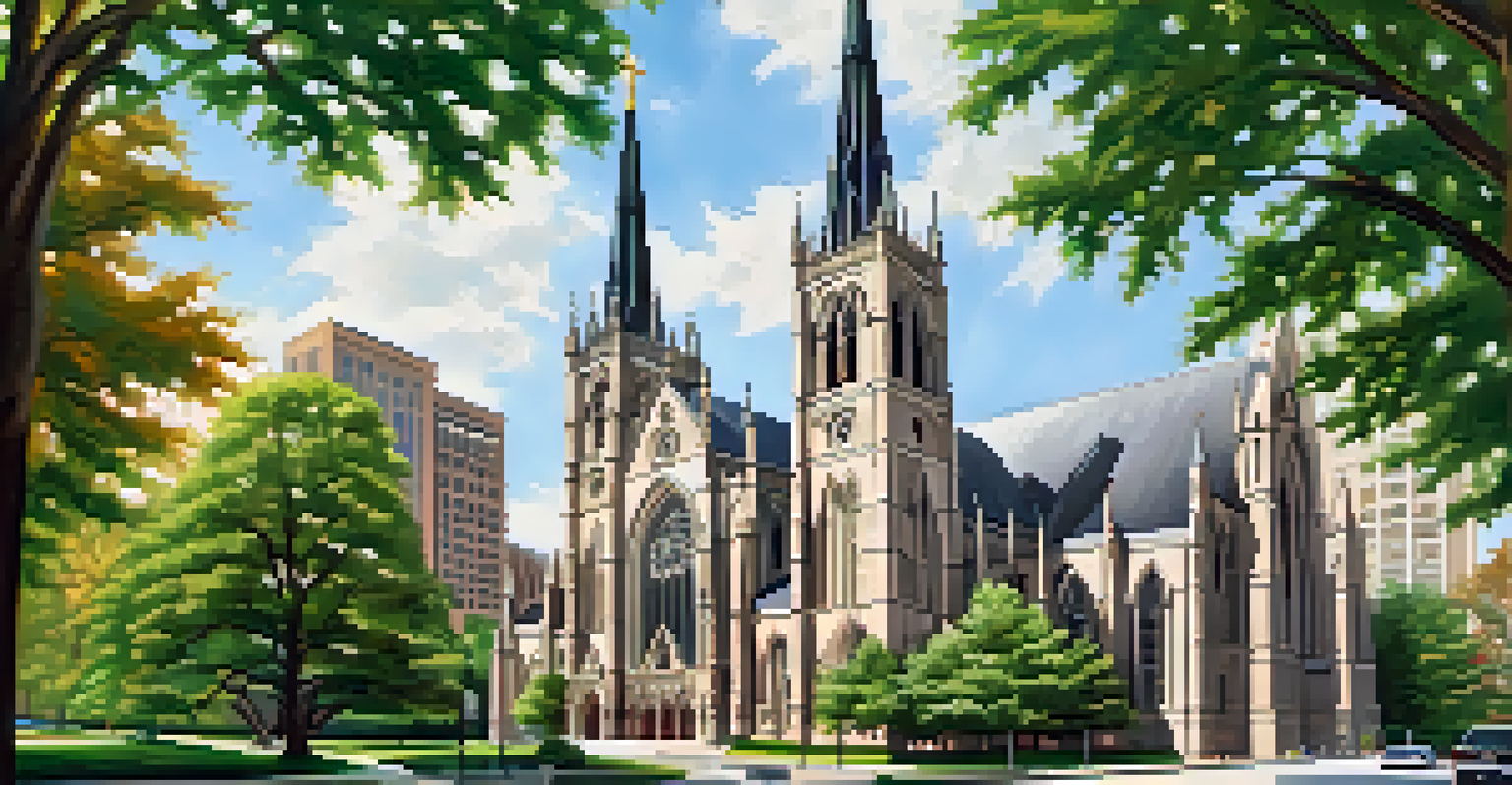 St. James Cathedral in Chicago, exhibiting its grand spires and stained glass windows against a blue sky and green surroundings.