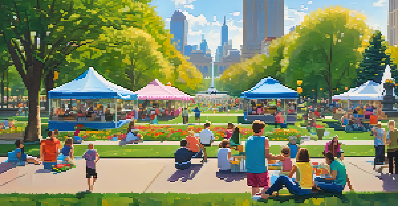 Families enjoying a festival in Grant Park with picnics, flowers, and Buckingham Fountain in the background.