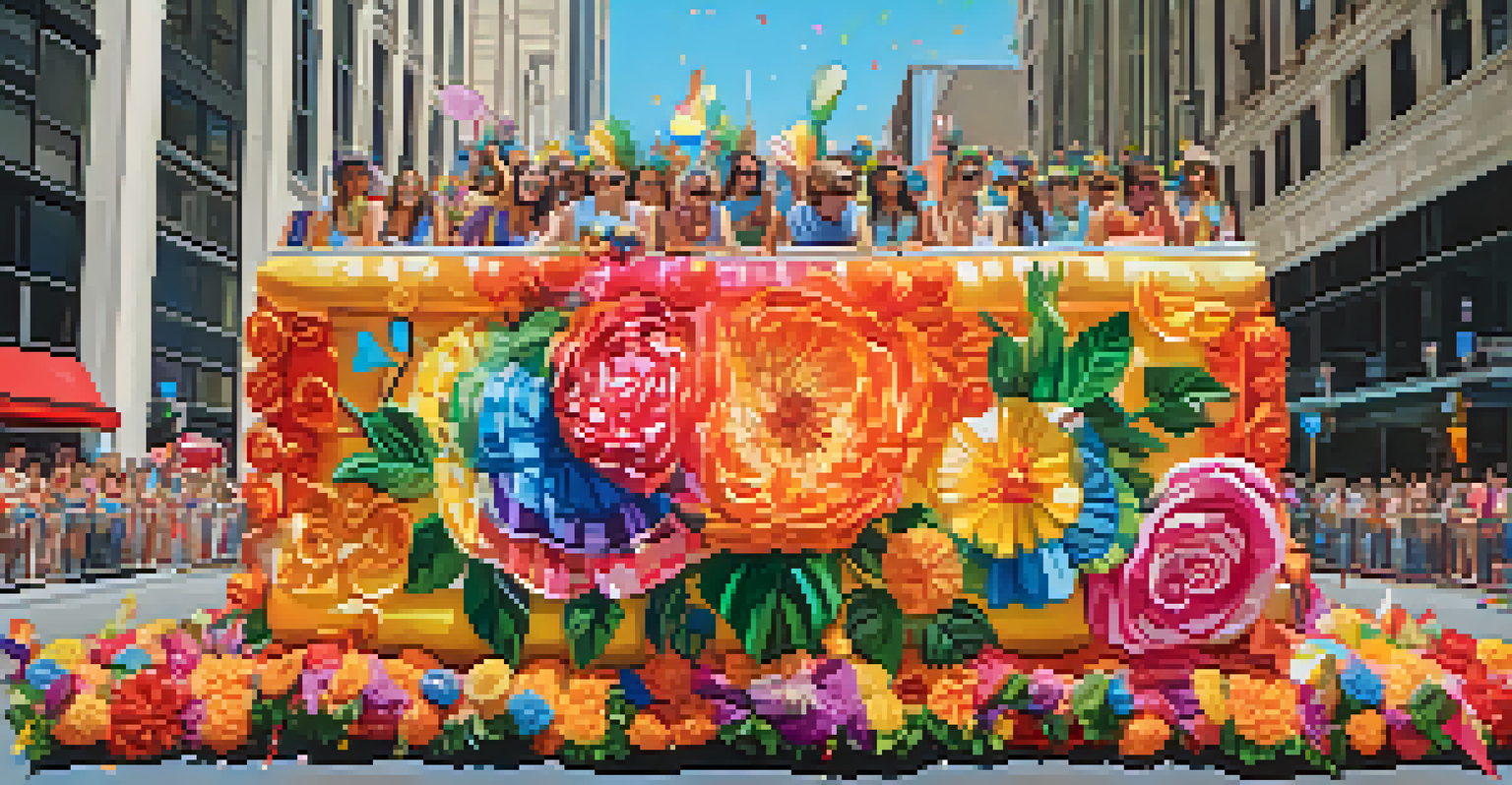 A close-up of a decorated float at the Chicago Pride Parade, with floral arrangements and messages of love, showcasing participants celebrating joyfully.