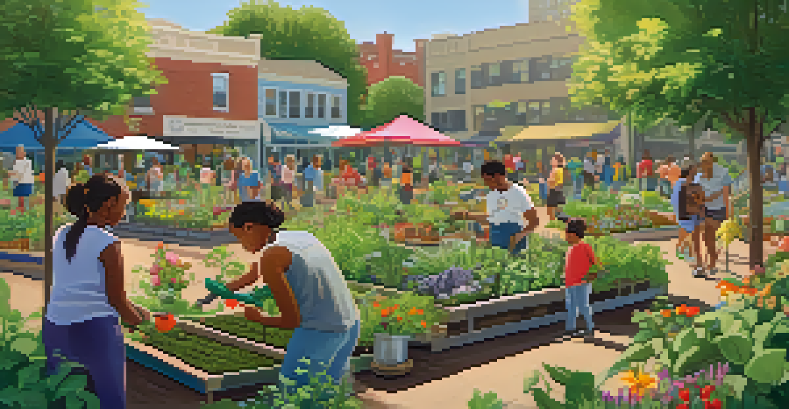 A community garden in Chicago where families are engaged in gardening activities, promoting healthy eating.
