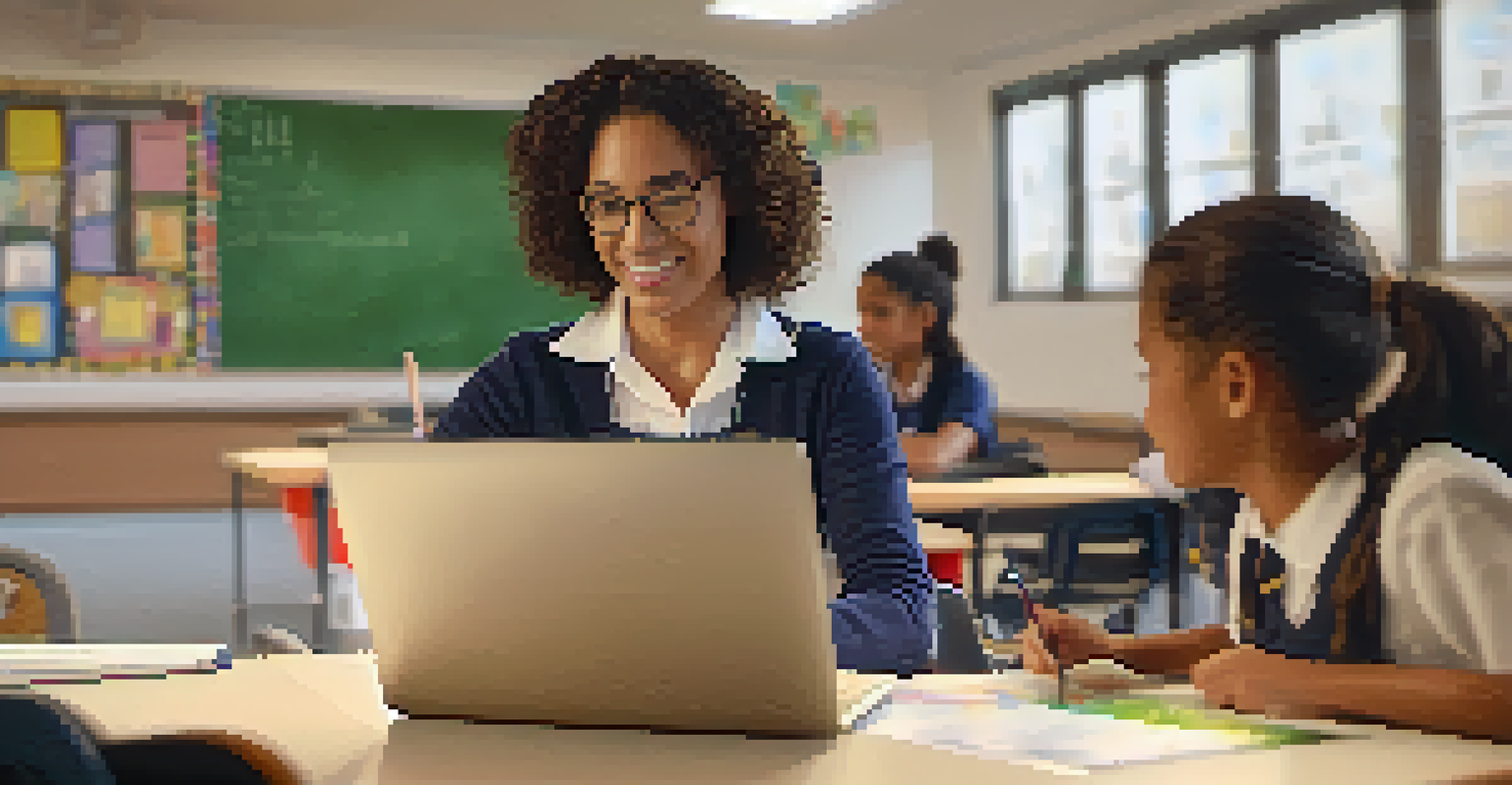 A teacher assisting a student on a laptop, focused on a coding program in a well-equipped classroom.