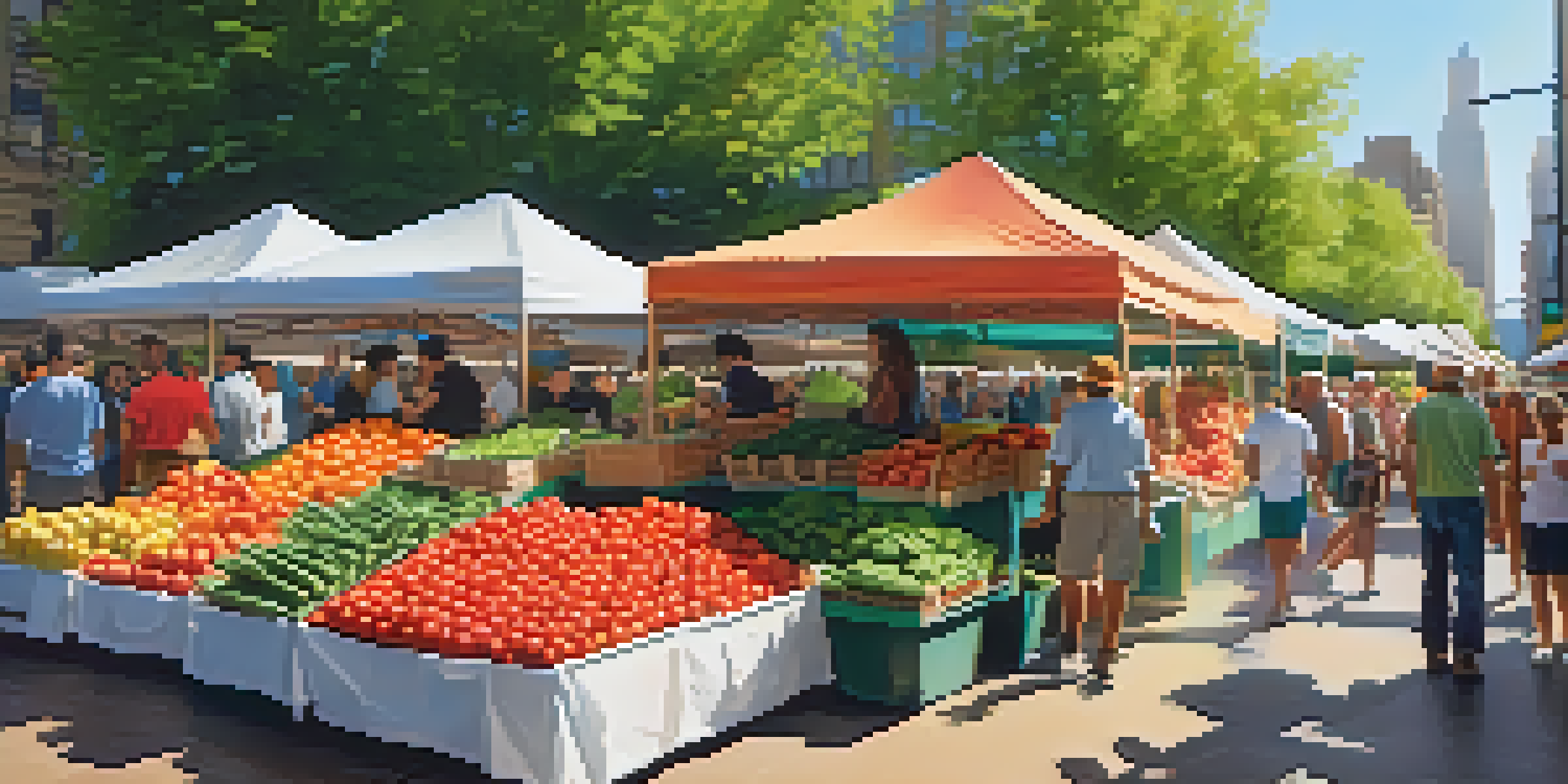 A lively farmers market in Chicago with colorful stalls displaying fresh produce and happy people interacting with vendors.