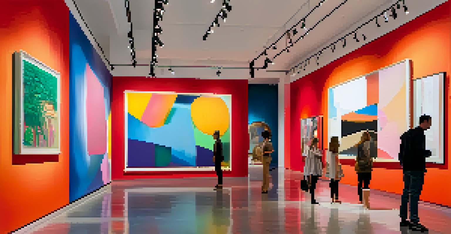 An interior shot of a contemporary art gallery at the Museum of Contemporary Art, featuring an immersive installation with bold colors and abstract shapes, with visitors admiring the artwork.