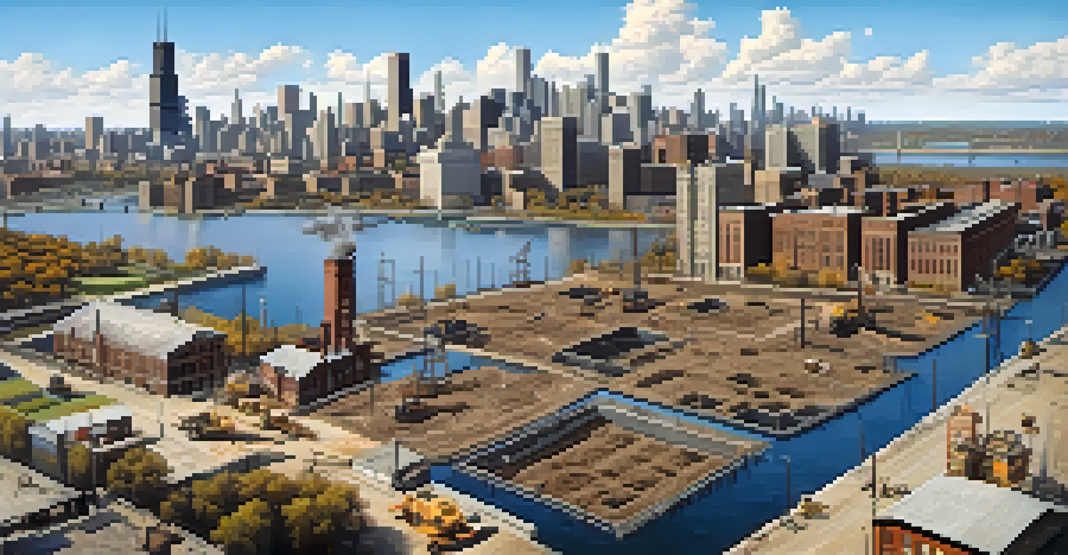 An aerial view of Chicago showing post-Great Fire reconstruction with workers building sewer systems and clean water sources.