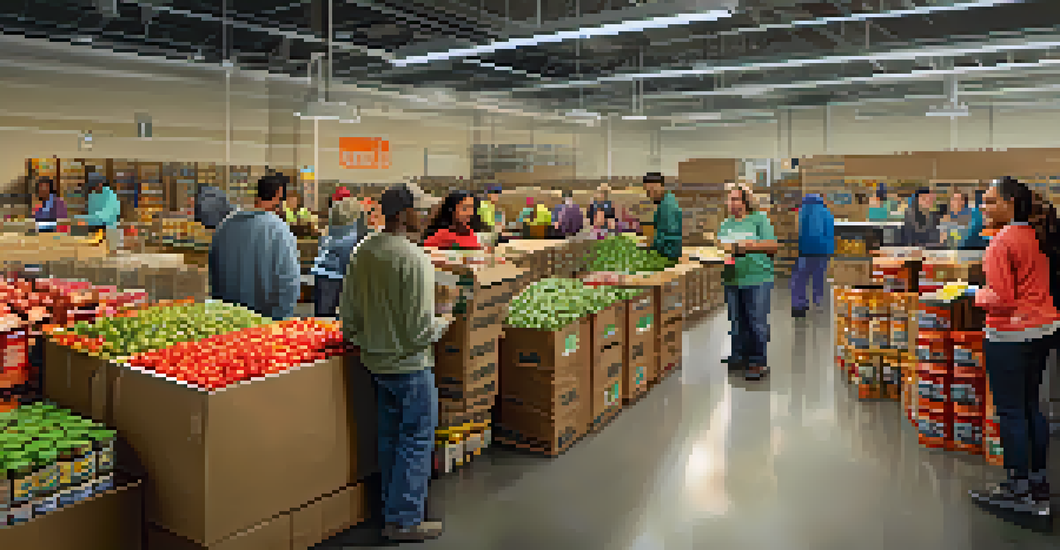 Inside a food bank in Chicago, volunteers are sorting food items and distributing them to families, creating a supportive community atmosphere.