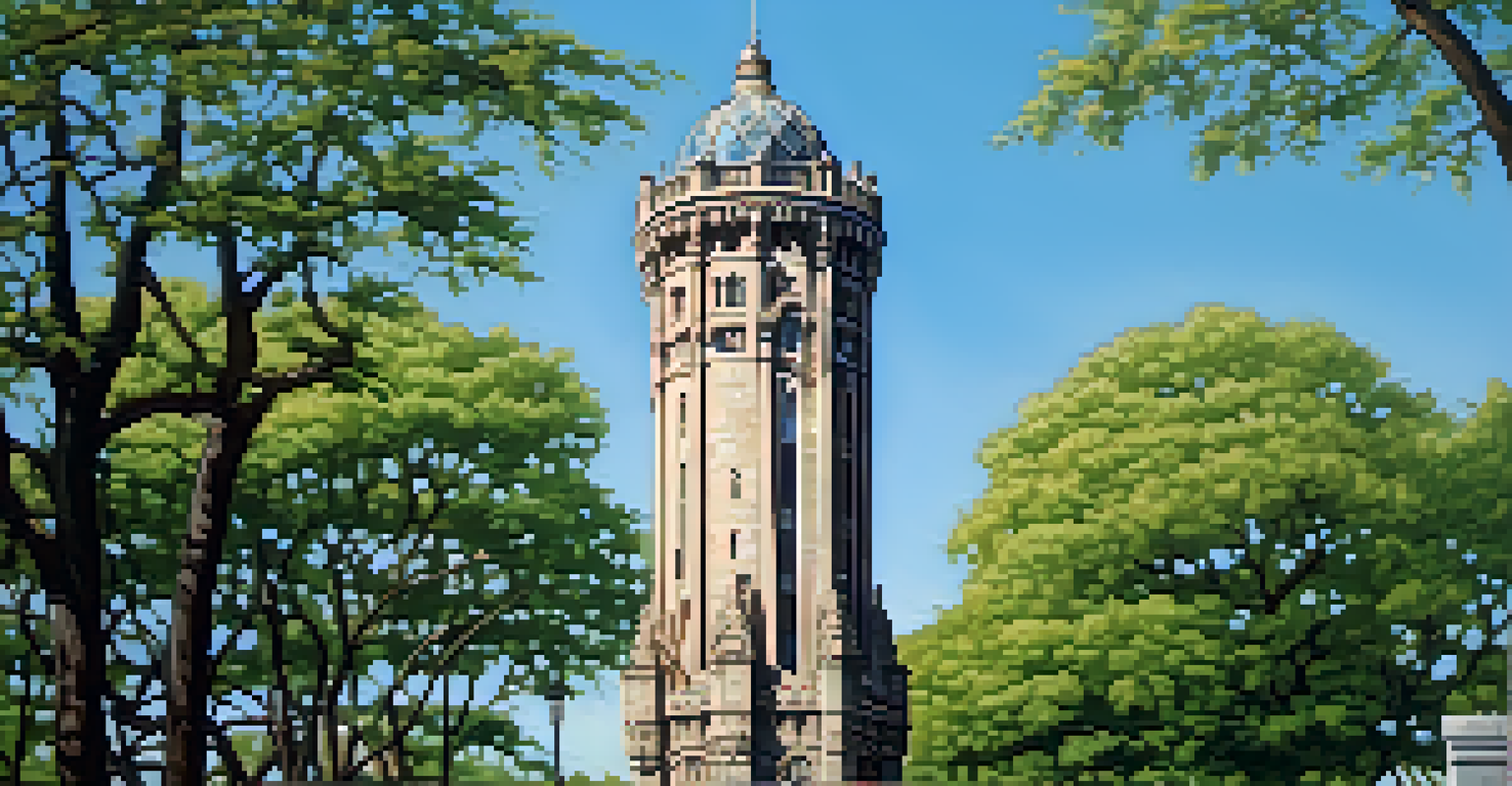A close-up view of the Chicago Water Tower, highlighting its Gothic-style limestone architecture against a clear blue sky.