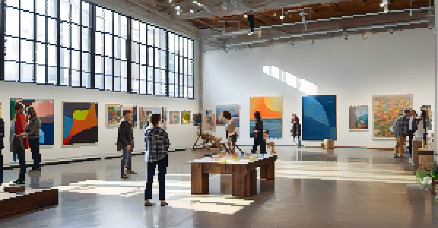 A vibrant artist collective featuring local art pieces and artists engaging with visitors in a bright room.