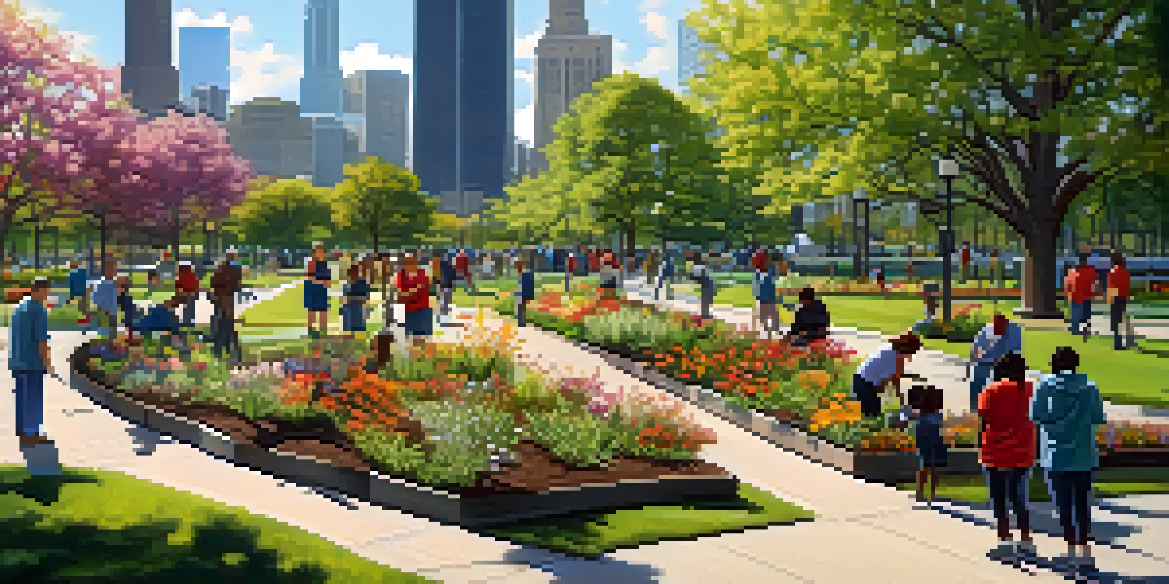 Volunteers planting trees and maintaining flower beds in a Chicago park, with the skyline in the background.