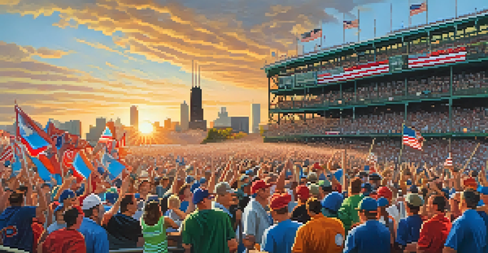 A lively crowd of Chicago sports fans gathered outside Wrigley Field, wearing team jerseys and waving flags as the sun sets in the background.