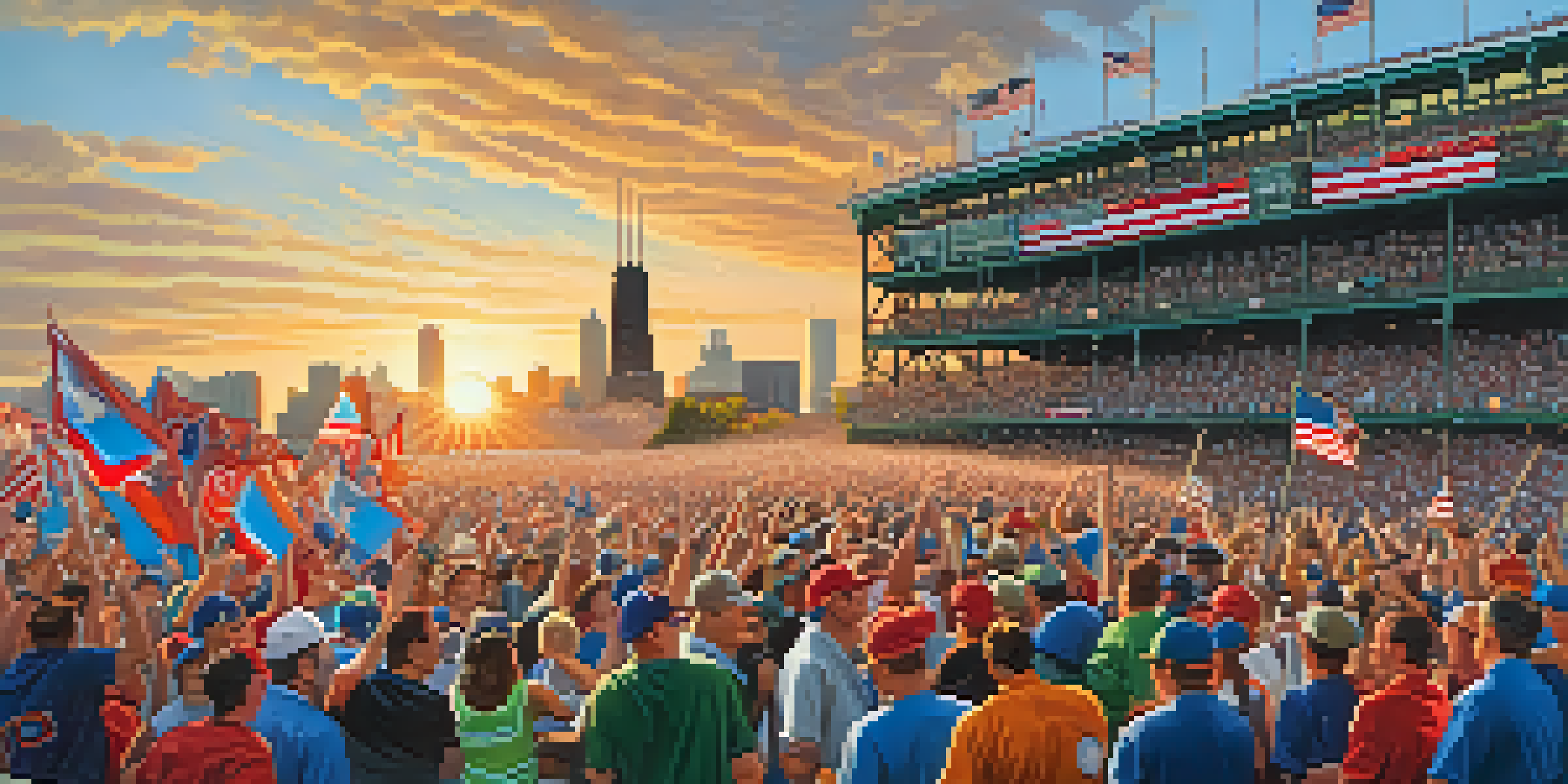 A lively crowd of Chicago sports fans gathered outside Wrigley Field, wearing team jerseys and waving flags as the sun sets in the background.