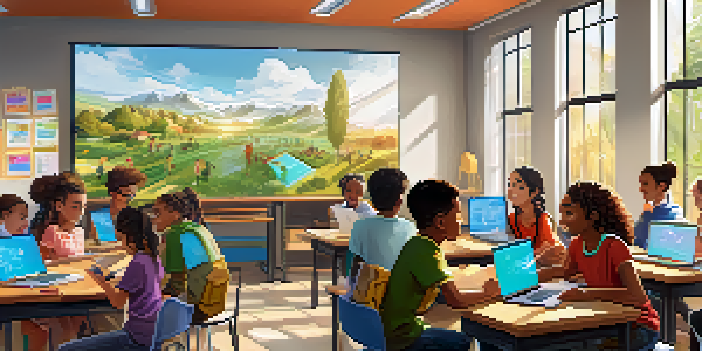 A diverse group of students in a bright classroom engaged in a digital literacy lesson with laptops and a digital whiteboard.