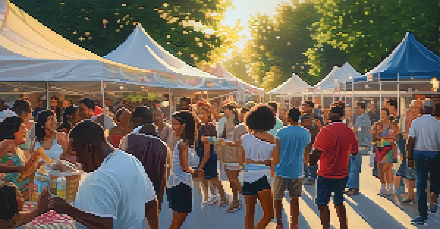 A community gathering at Chicago Summer Dance with people dancing joyfully in a circle and food vendors in the background.