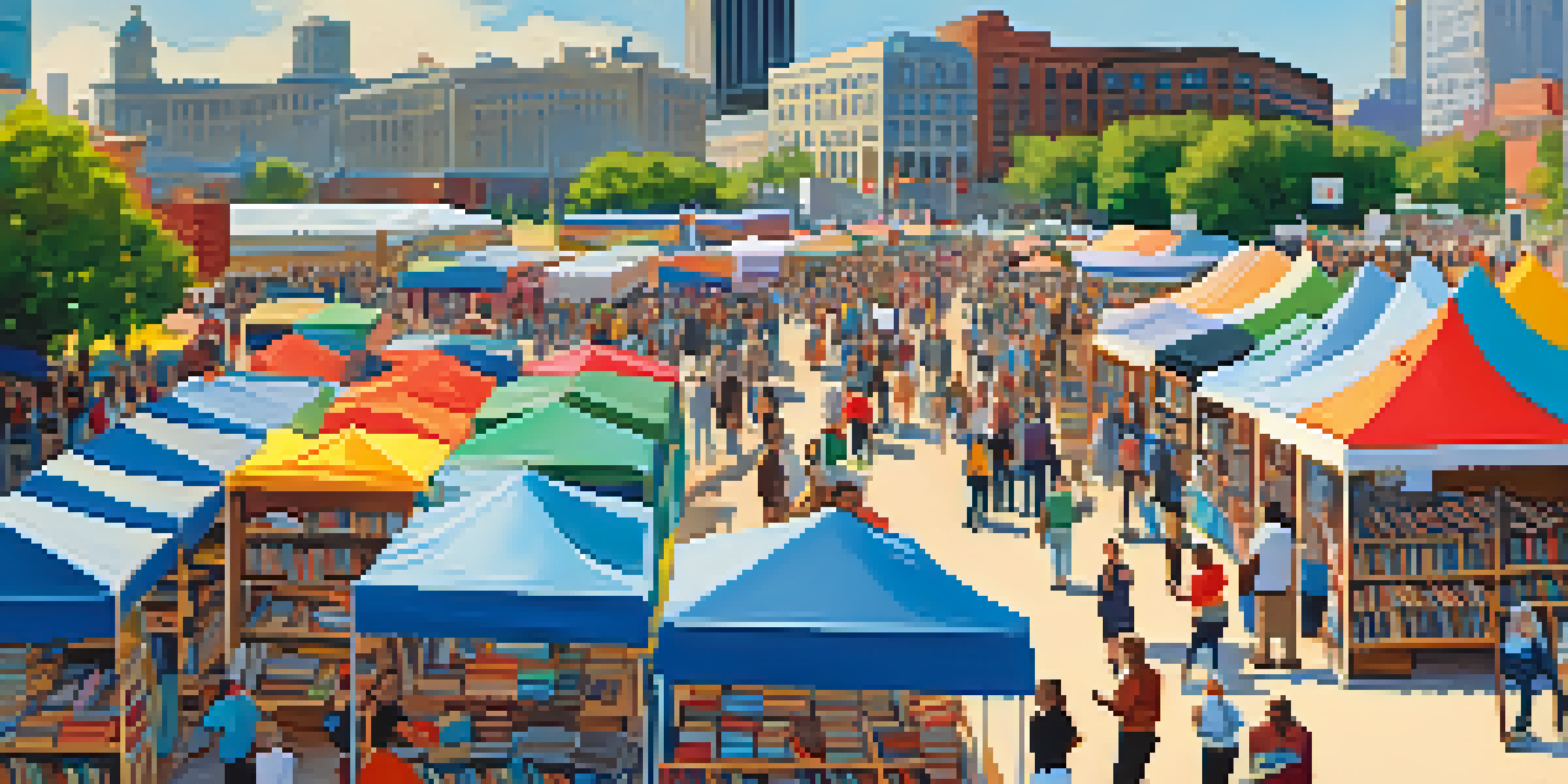 A bustling Chicago book festival with colorful book stalls and diverse attendees engaging in conversations and activities.