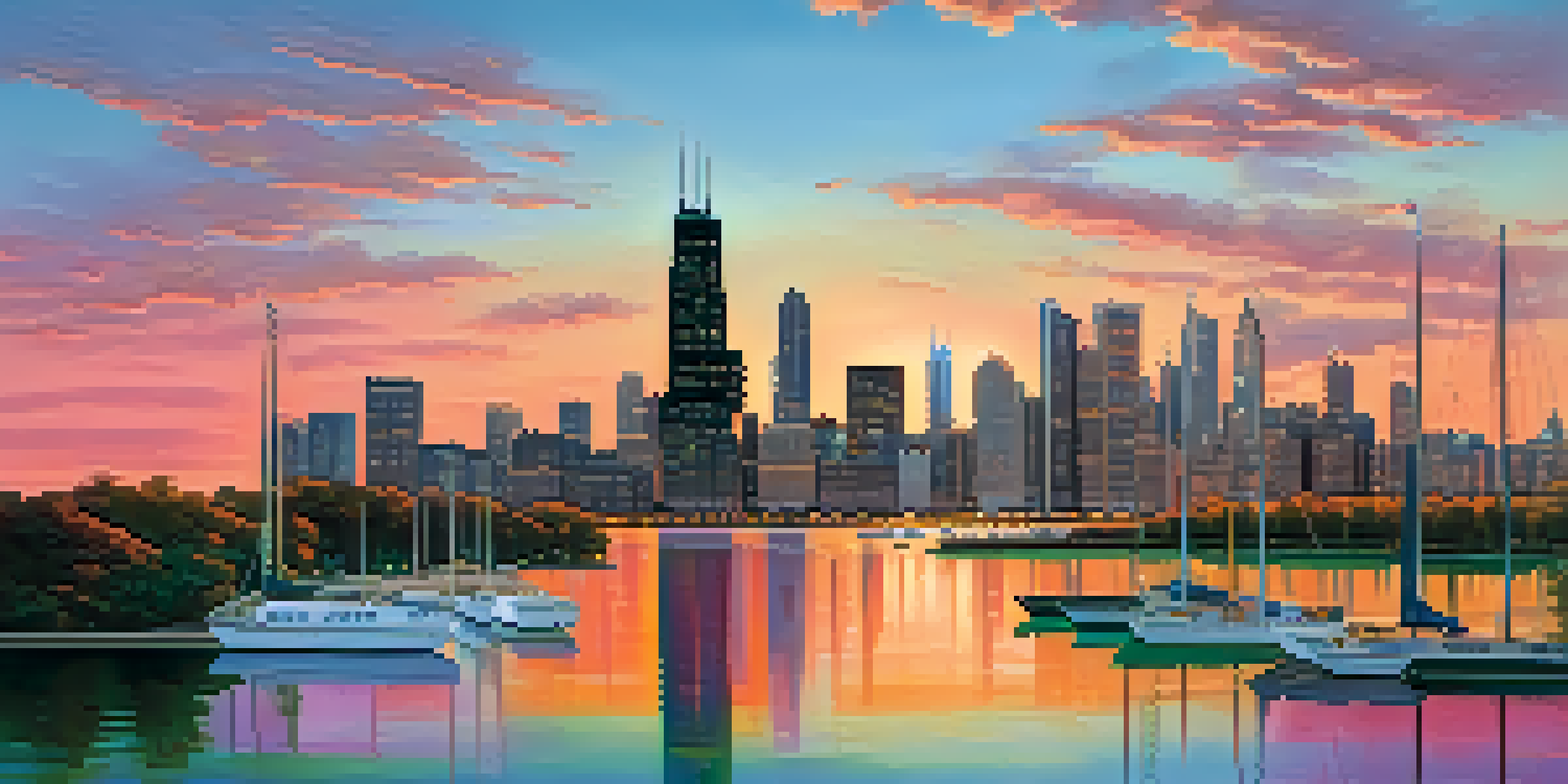 A panoramic view of Chicago's skyline at sunset, showcasing vibrant colors in the sky and reflections on the buildings, with parks and Lake Michigan in the foreground.